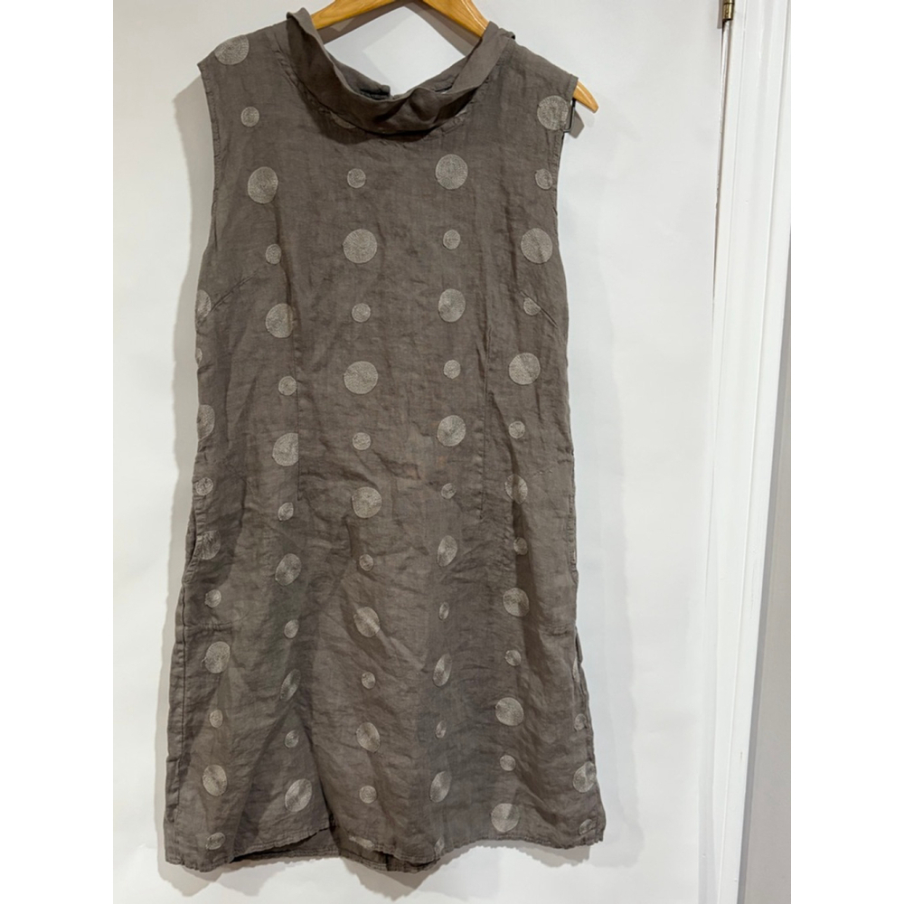 Lina Tomei Italian Linen Polka Dot Tunic Dress Taupe Lagenlook Minimalist XL